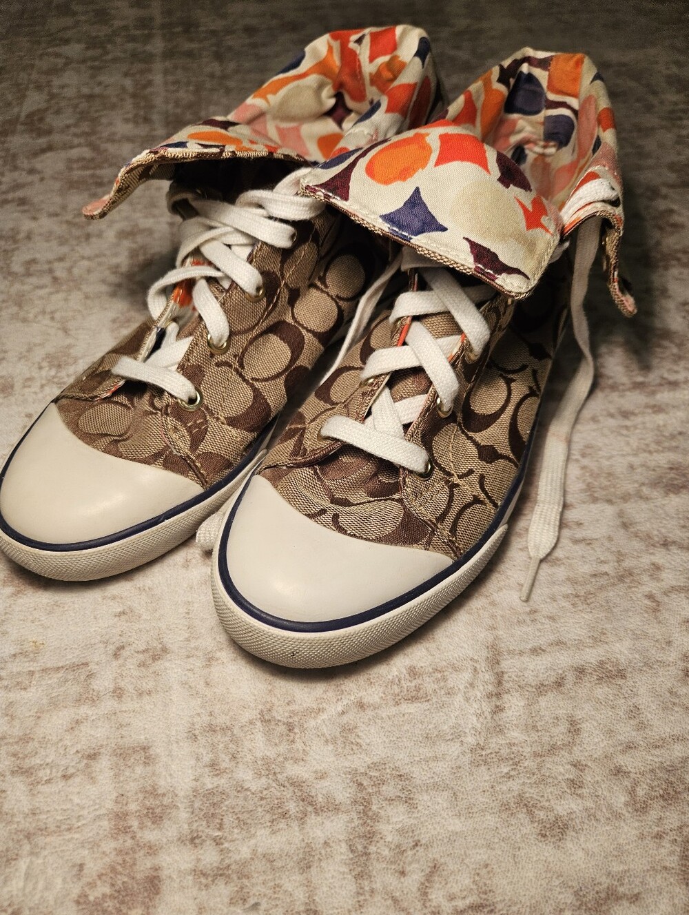 Coach Fold-Over High Top Sneakers in Brown/Orange C Pattern
